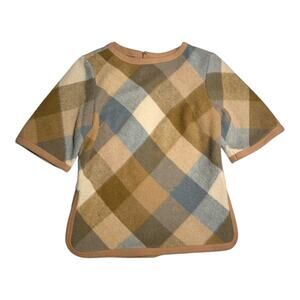 Vtg 1950s Petti Brown Tan Blue Plaid Wool Felt Back Zip Short Sleeve Top Sz S